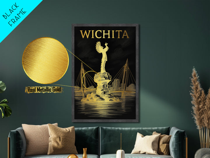 Wichita Kansas travel, Metallic Gold Print, Wood Framed Art, Metal Art, Minimalist Wall Art, Metallic Gold Print, College Dorm Art