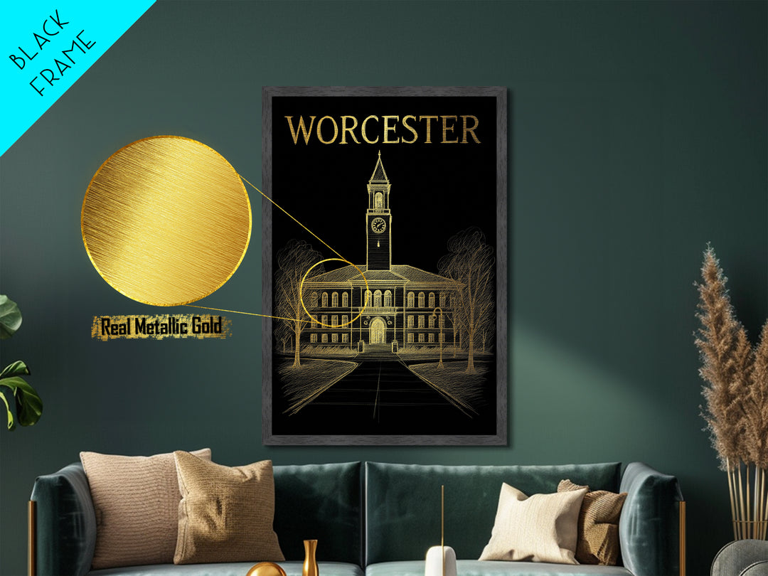 Worcester Massachusetts travel, Metallic Gold Print, Wood Framed Art, Metal Art, Minimalist Wall Art, Metallic Gold Print
