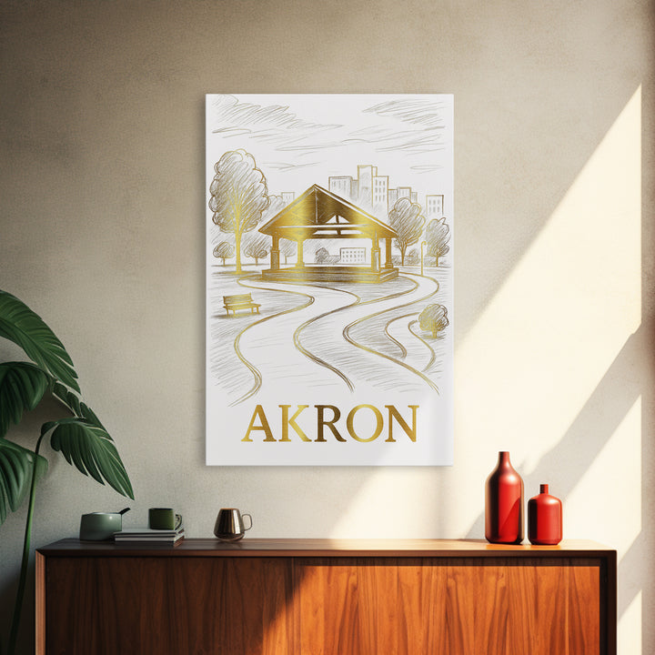 Akron Travel Poster, Framed Canvas Print, Gold Line Drawing Wall Art, Akron City Art, Living Room Wall Art, Travel Wall Decor, Design 2
