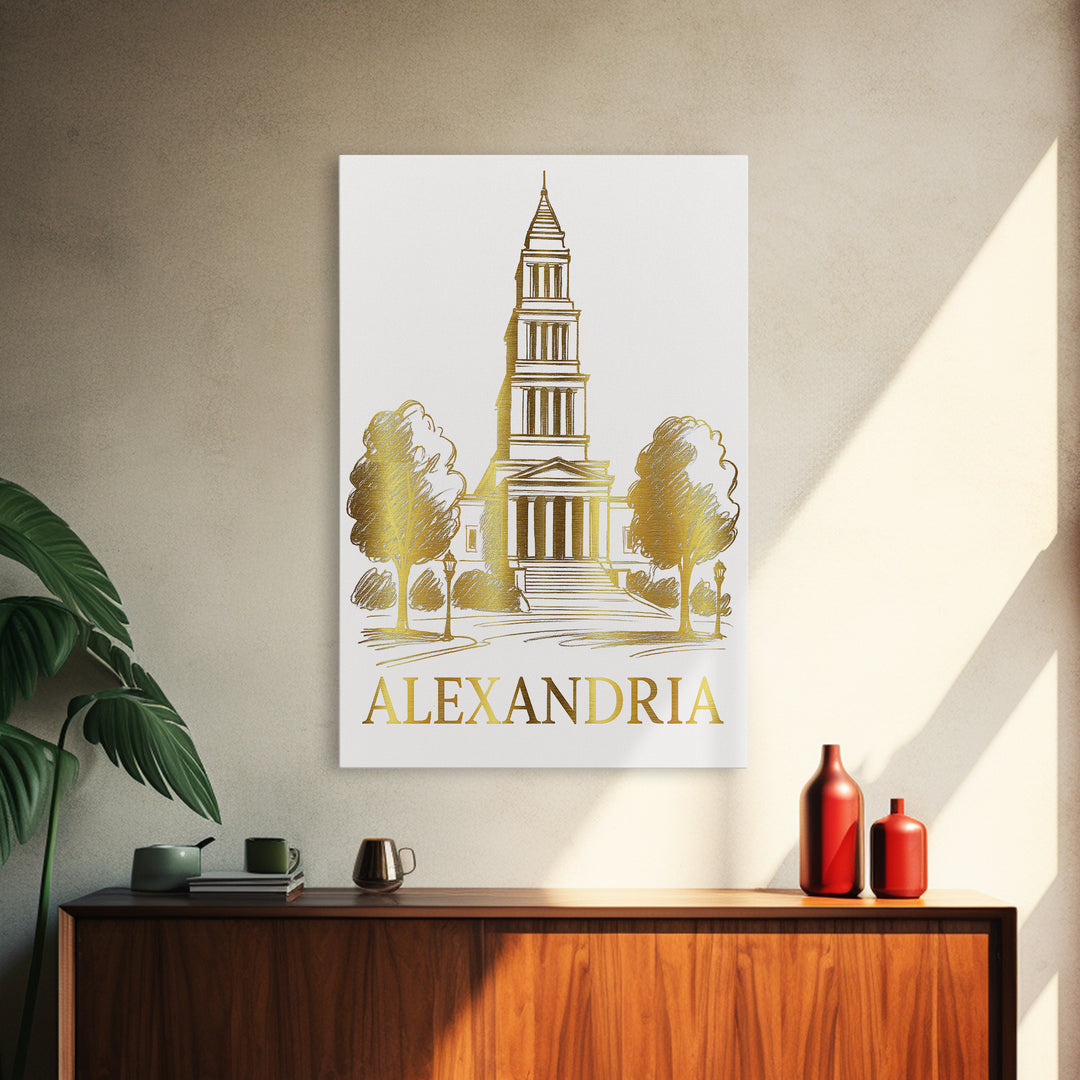 Alexandria Travel Poster, Canvas Print, Gold Line Drawing Wall Art, Alexandria Travel Art, Home Office Decor, Travel Wall Decor