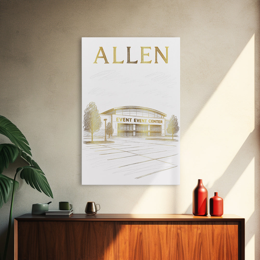 Allen Texas Travel Poster, Canvas Print, Gold Line Drawing Wall Art, Allen Art Print, Office Decor, Wanderlust Decor, Eclectic Wall Decor