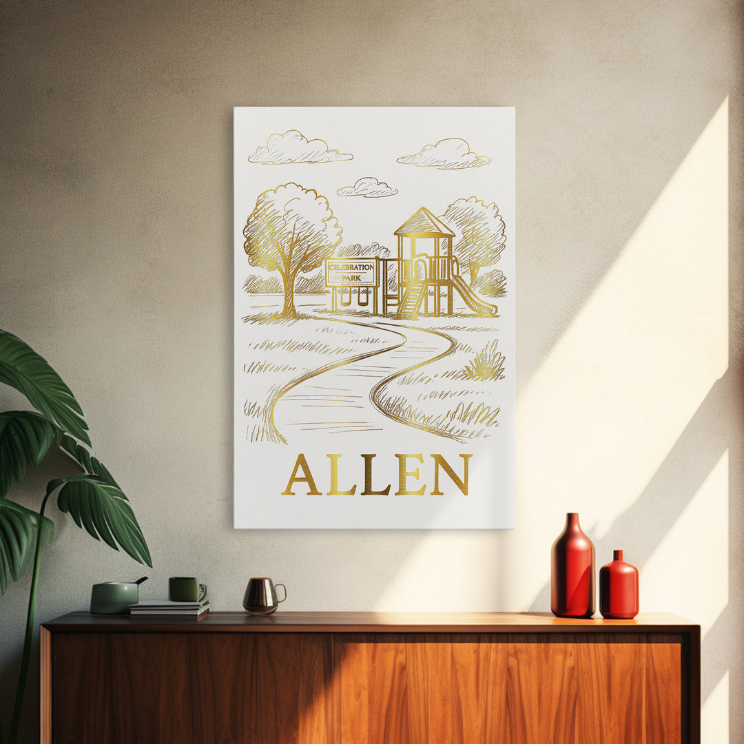 Allen Travel Poster, Framed Canvas Print, Elegant City Illustration, Allen City Art, Living Room Wall Art, Wanderlust Decor, Wall Art
