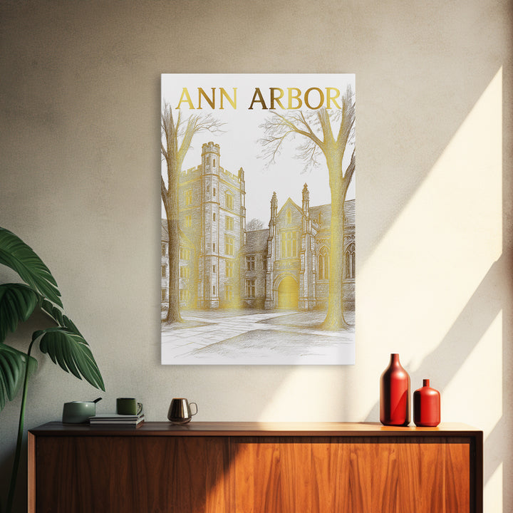 Ann Arbor Michigan Travel Poster, Canvas Print, Gold Line Drawing Wall Art, Ann Arbor Travel Art, Mid Century Wall Art, Travel Wall Decor