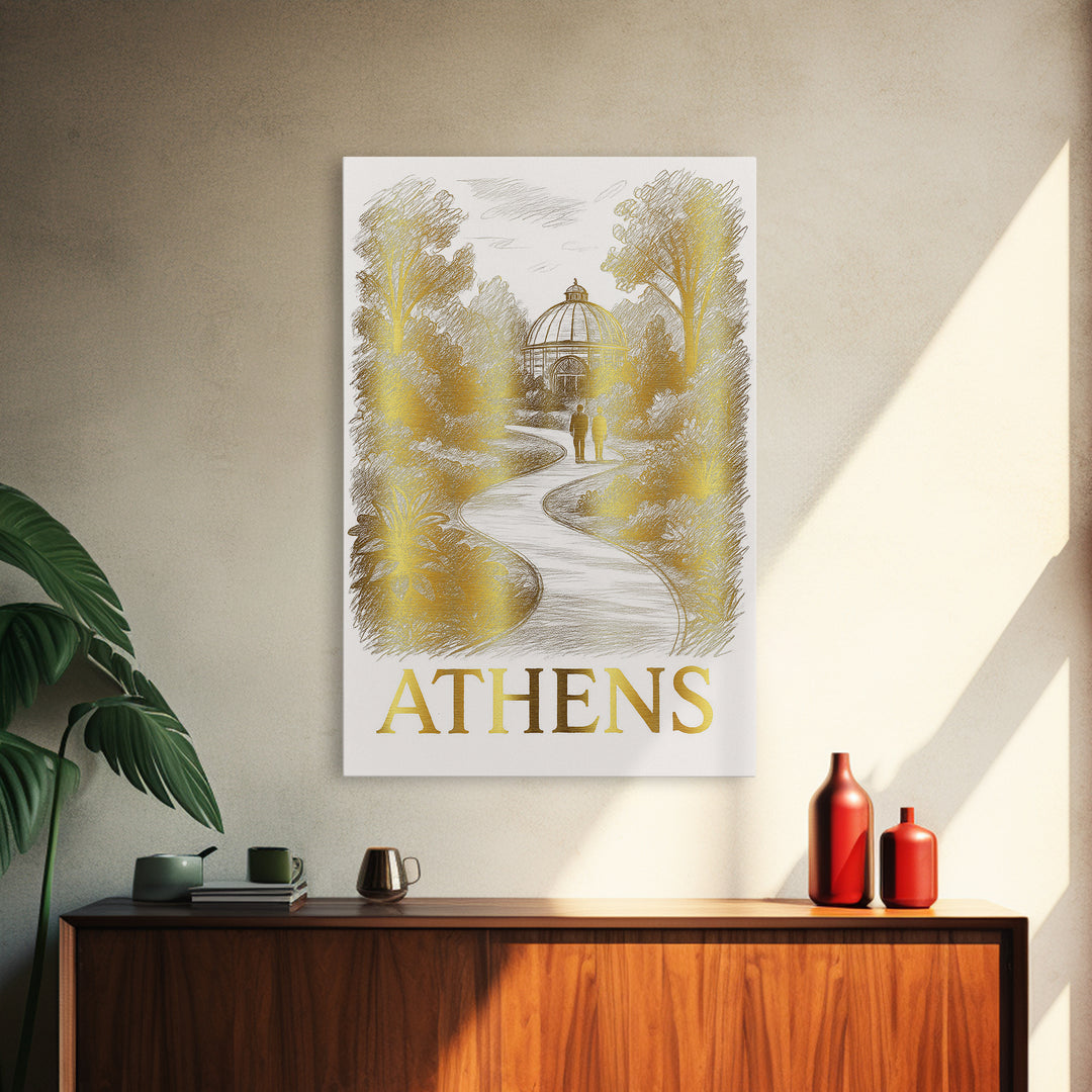 Athens Travel Poster, Canvas Print, Gold Line Drawing Wall Art, Athens City Art, Home Office Decor, Gift For Travelers, Mid Century Wall Art