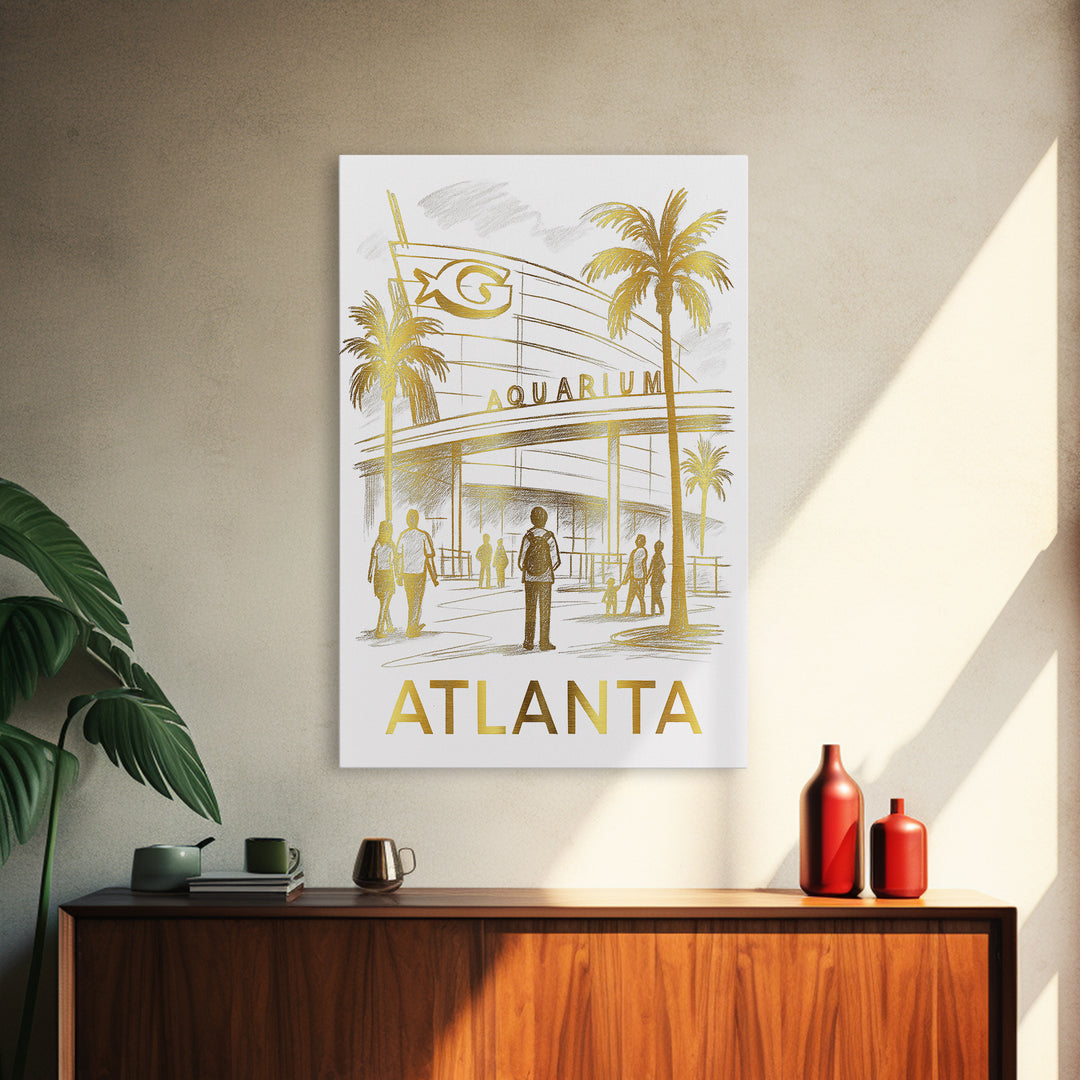 Atlanta Travel Poster, Canvas Print, White And Gold Sketch Art, Atlanta Art Print, Watercolor Skyline, Retro Travel Print, Wall Art