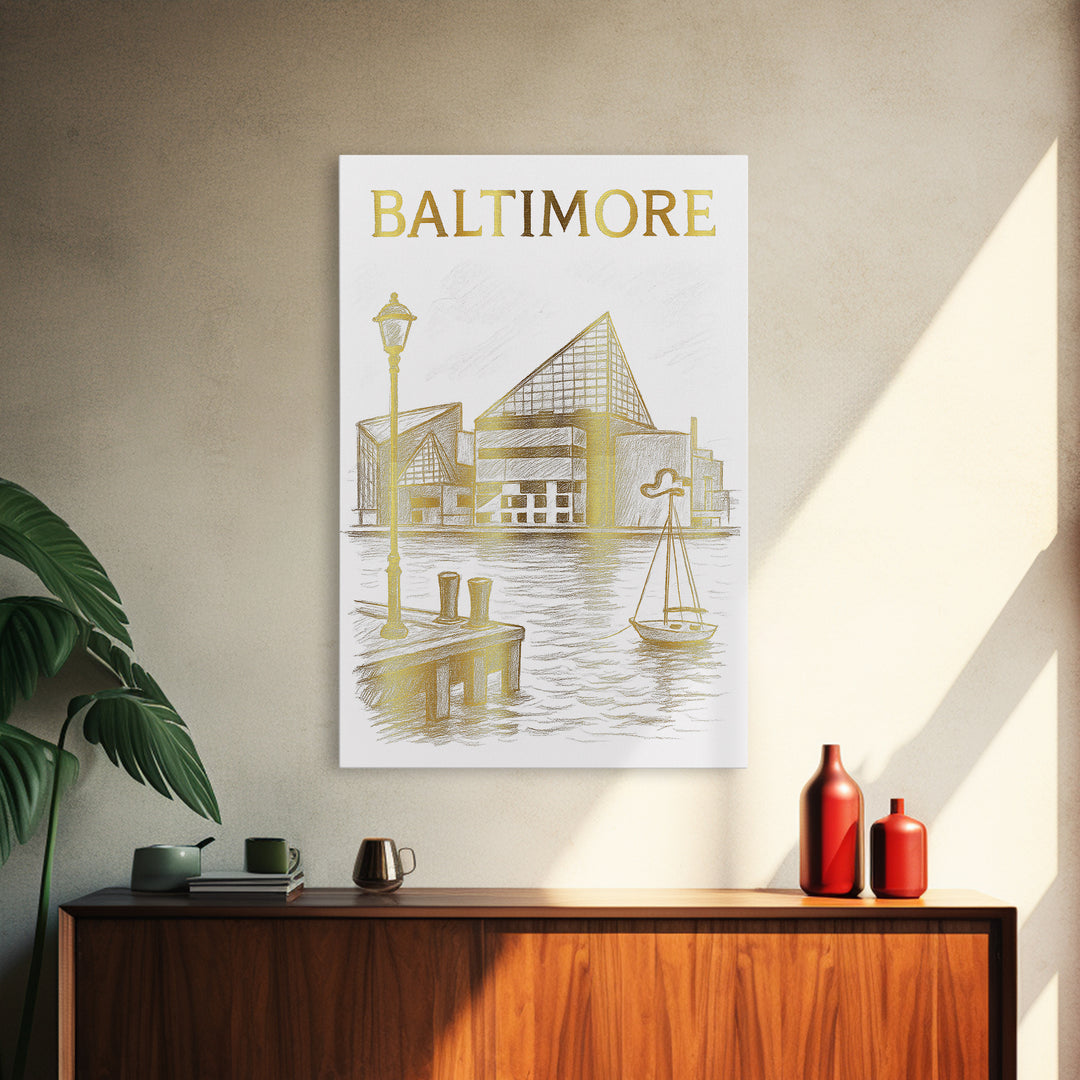 Baltimore Maryland Travel Poster, Framed Canvas Print, White And Gold Sketch Art, Baltimore Art Print, Travel Wall Decor, City Art Print