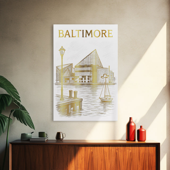 Baltimore Maryland Travel Poster, Framed Canvas Print, White And Gold Sketch Art, Baltimore Art Print, Travel Wall Decor, City Art Print