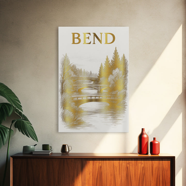 Bend Oregon Travel Poster, Canvas Print, White And Gold Sketch Art, Bend Art Print, Vintage City Poster, City Art Print, Fine Art Print