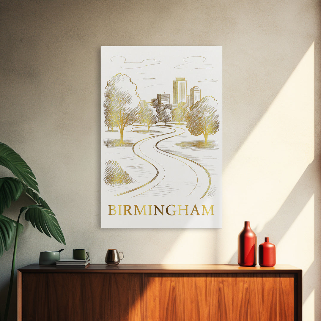 Birmingham Travel Poster, Framed Canvas Print, Elegant City Illustration, Birmingham Wall Art, Retro Travel Print, Vintage Travel Print