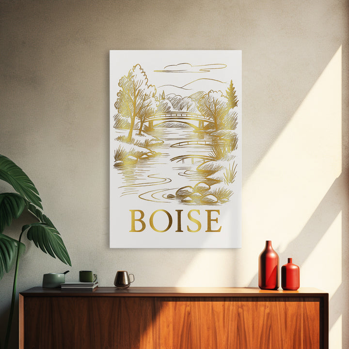 Boise Travel Poster, Canvas Print, White And Gold Sketch Art, Boise Wall Art, Eclectic Wall Decor, Wanderlust Decor, Travel Wall Art