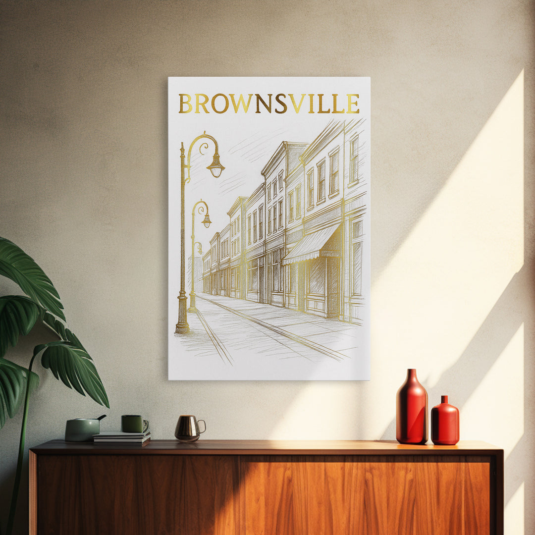 Brownsville Texas Travel Poster, Canvas Print, Gold Line Drawing Wall Art, Brownsville Wall Art, Eclectic Wall Decor, City Art Print