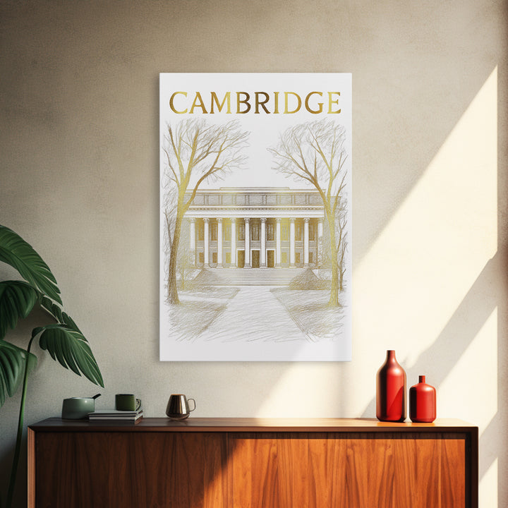 Cambridge Massachusetts Travel Poster, Canvas Print, Gold Line Drawing Wall Art, Cambridge City Art, Travel Art Print, Vintage City Art