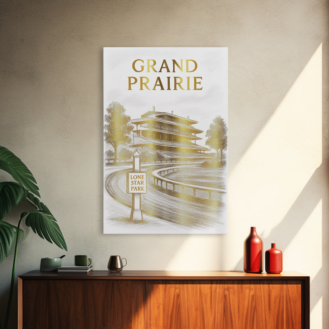 Grand Prairie Texas Travel Poster, Canvas Print, Gold Line Drawing Wall Art, Grand Prairie Poster Print, Wall Art, Vintage City Poster