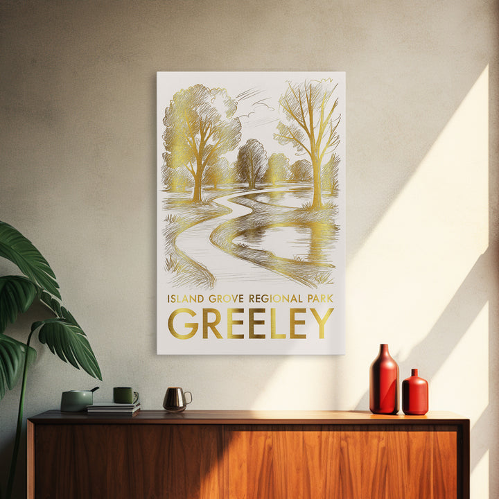 Greeley Travel Poster, Canvas Print, Gold Line Drawing Wall Art, Greeley Poster Print, Vintage Travel Art, Vintage City Poster
