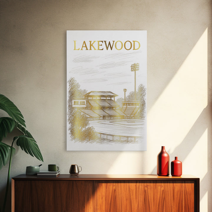Lakewood Travel Poster, Framed Canvas Print, White And Gold Sketch Art, Lakewood Wall Art, Home Office Decor, Mid Century Wall Art