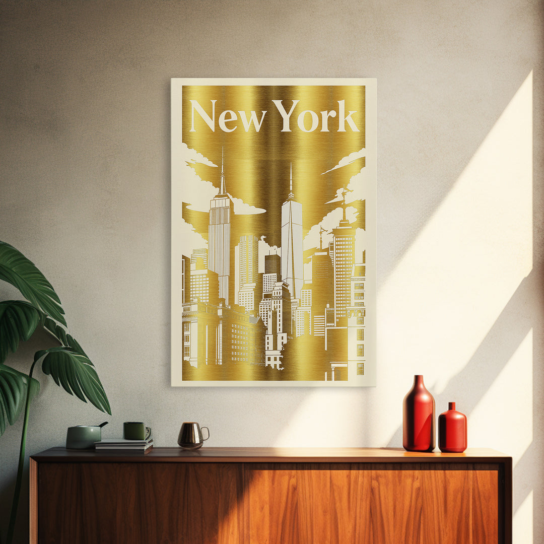 New York Travel Poster, Canvas Print, White And Gold Sketch Art, New York Wall Art, Vintage Travel Print, City Illustration, Poster Art