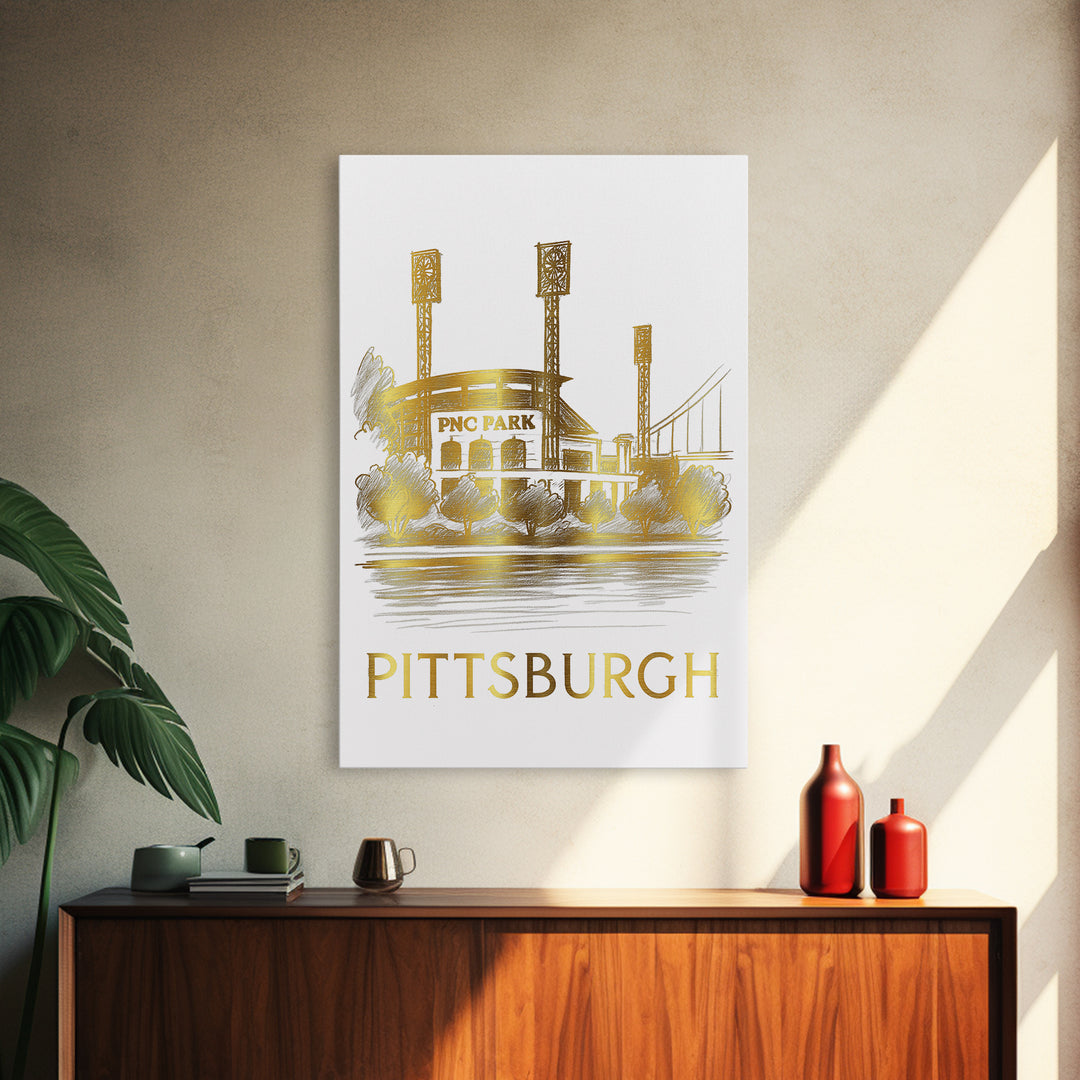 Pittsburg Travel Poster, Canvas Print, White And Gold Sketch Art, Pittsburg Wall Art, Retro Travel Print, Travel Wall Art, Vintage City Art