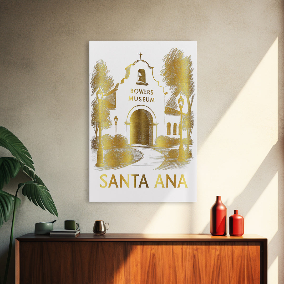Santa Ana Travel Poster, Framed Canvas Print, White And Gold Sketch Art, Santa Ana Poster Print, Gift For Travelers, Vintage City Poster