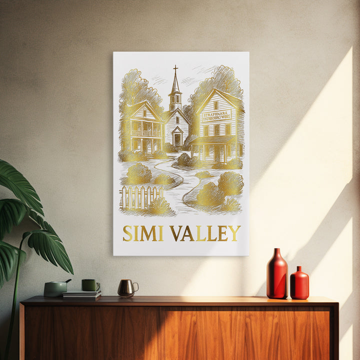 Simi Valley Travel Poster, Framed Canvas Print, White And Gold Sketch Art, Simi Valley Wall Art, Mid Century Wall Art, Retro Travel Print