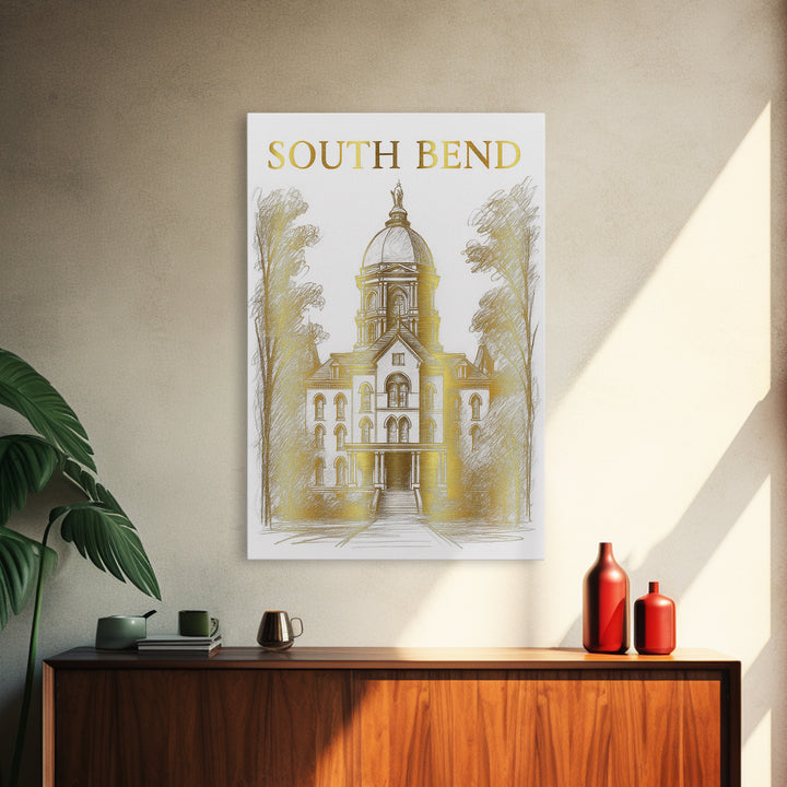 South Bend Indiana Travel Poster, Canvas Print, Gold Line Drawing Wall Art, South Bend City Art, Art Print, Watercolor Skyline, Design 1