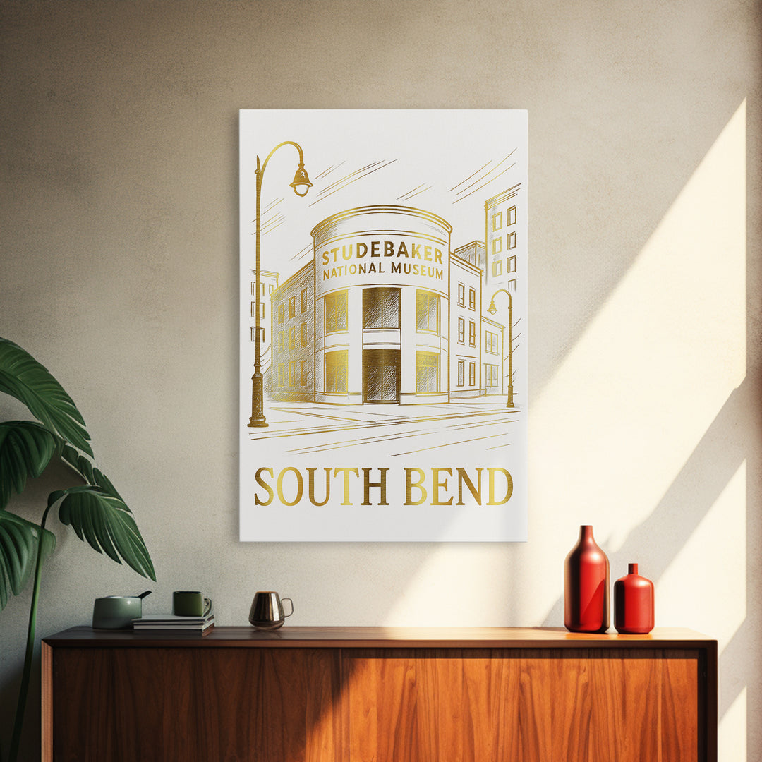 South Bend Travel Poster, Canvas Print, White And Gold Sketch Art, South Bend Wall Art, Modern Wall Decor, Eclectic Wall Decor