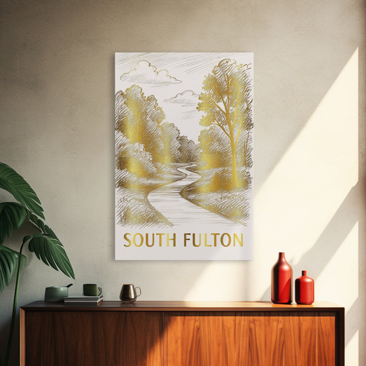 South Fulton Travel Poster, Canvas Print, Gold Line Drawing Wall Art, South Fulton Wall Art, Modern Wall Decor, Mid Century Wall Art