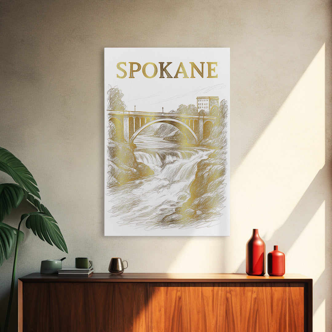 Spokane Washington Travel Poster, Canvas Print, Gold Line Drawing Wall Art, Spokane Travel Art, Retro Travel Print, Vintage Travel Art
