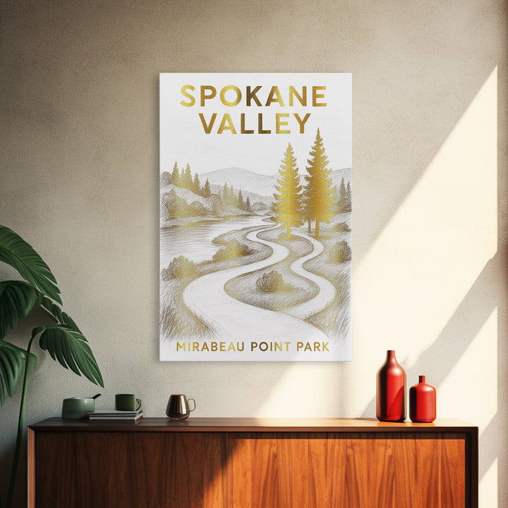 Spokane Valley Washington Travel Poster, Canvas Print, White And Gold Sketch Art, Spokane Valley Art Print, Watercolor Skyline, Wall Art