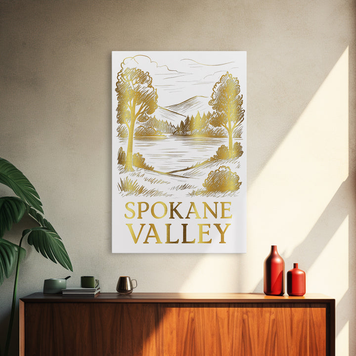 Spokane Valley Travel Poster, Framed Canvas Print, Gold Line Drawing Wall Art, Spokane Valley Travel Art, Travel Poster Set, Wall Art
