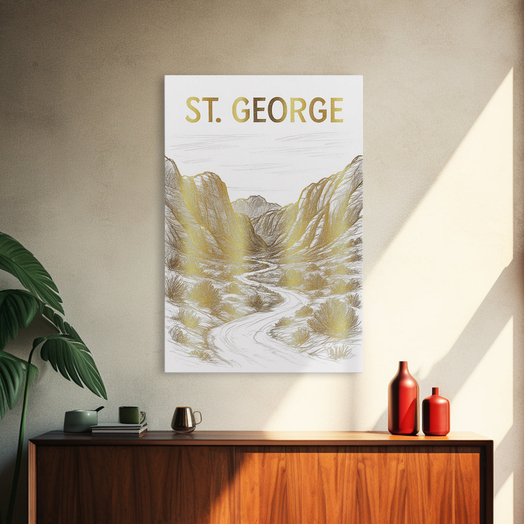 St George Utah Travel Poster, Canvas Print, White And Gold Sketch Art, St George Wall Art, Fine Art Print, Poster Art, Travel Poster Set