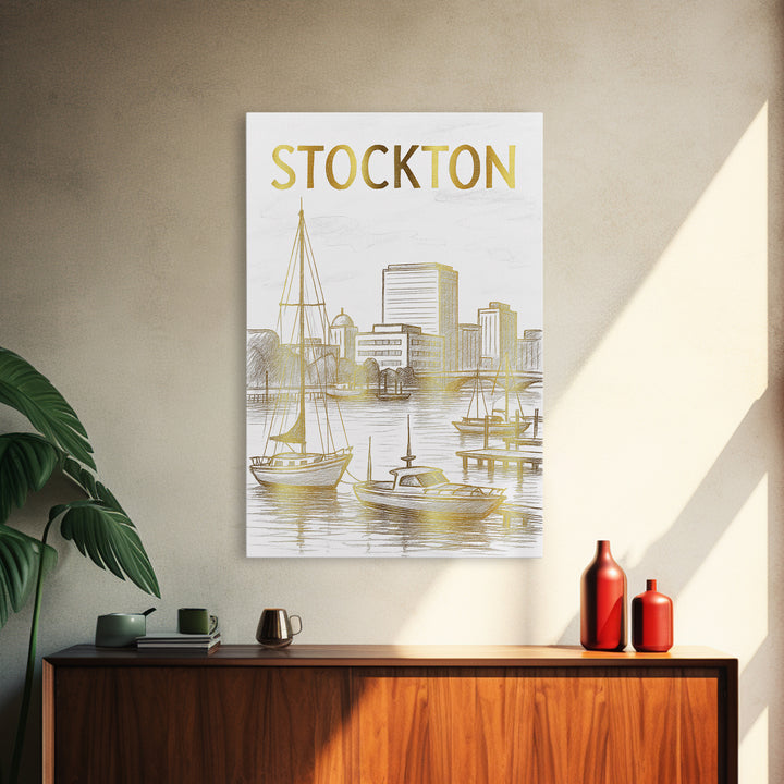 Stockton California Travel Poster, Canvas Print, White And Gold Sketch Art, Stockton Art Print, City Travel Prints, Wall Decor, Home Decor