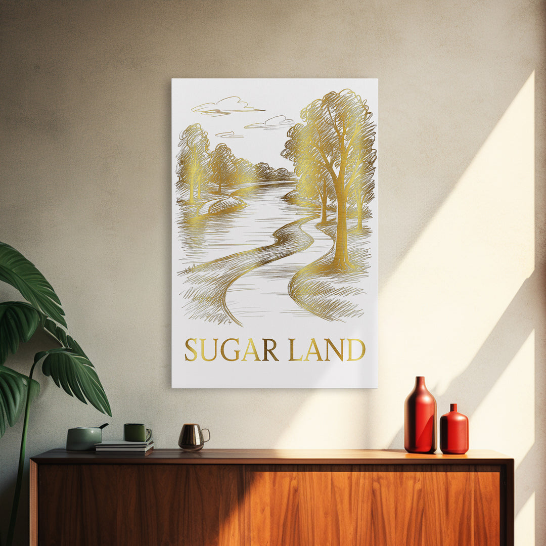Sugarland Travel Poster, Framed Canvas Print, White And Gold Sketch Art, Sugarland City Art, Wanderlust Decor, City Travel Prints