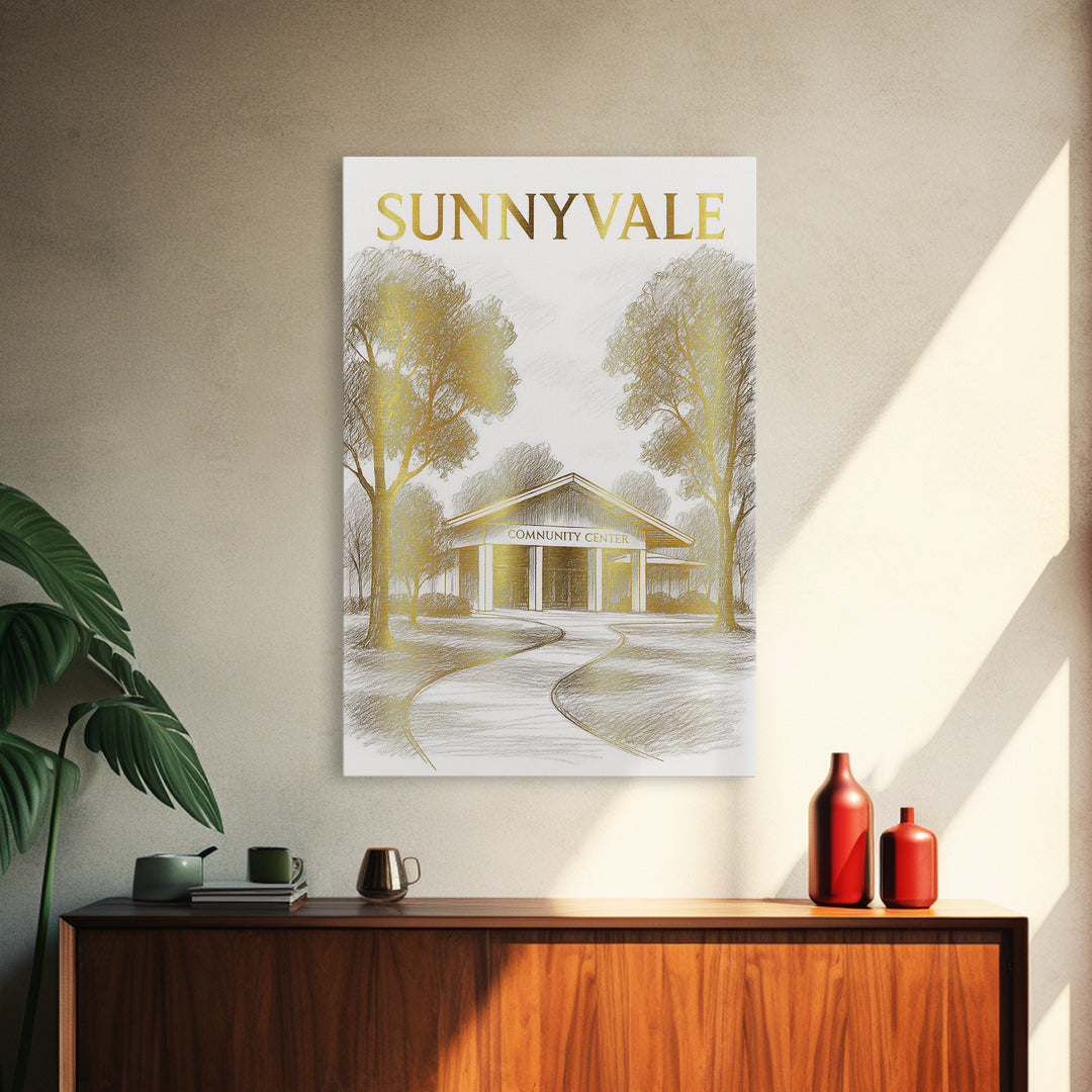 Sunnyvale California Travel Poster, Canvas Print, Gold Line Drawing Wall Art, Sunnyvale Wall Art, Travel Poster Art, Living Room Wall Art