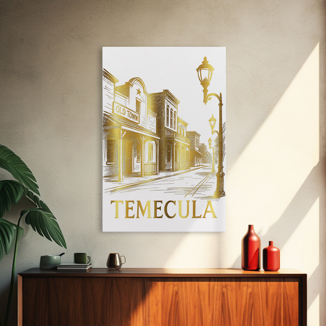 Temecula Travel Poster, Canvas Print, White And Gold Sketch Art, Temecula Travel Art, Vintage City Poster, Travel Poster Art, Design 2