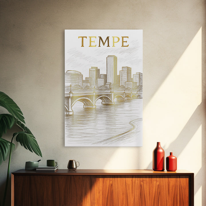 Tempe Arizona Travel Poster, Framed Canvas Print, White And Gold Sketch Art, Tempe City Art, Mid Century Wall Art, Eclectic Wall Decor