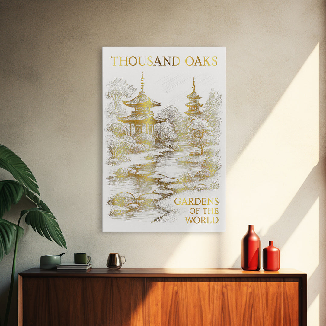 Thousand Oaks California Travel Poster, Canvas Print, White And Gold Sketch Art, Thousand Oaks Travel Art, Travel Print, Poster Print