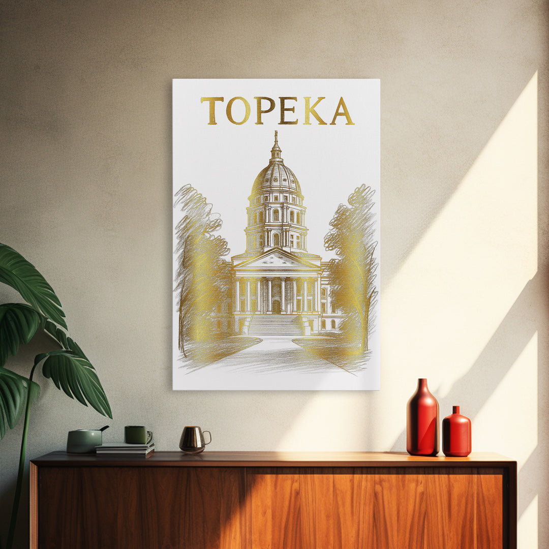 Topeka Kansas Travel Poster, Framed Canvas Print, Gold Line Drawing Wall Art, Topeka Poster Print, Gift For Travelers, Travel Poster Art