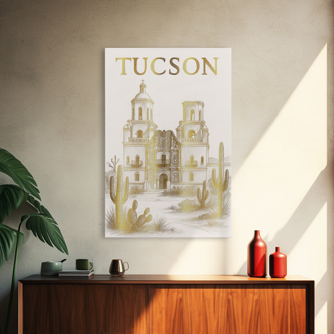 Tucson Arizona Travel Poster, Canvas Print, White And Gold Sketch Art, Tucson Poster Print, Vintage City Art, Travel Art, Retro Travel Print
