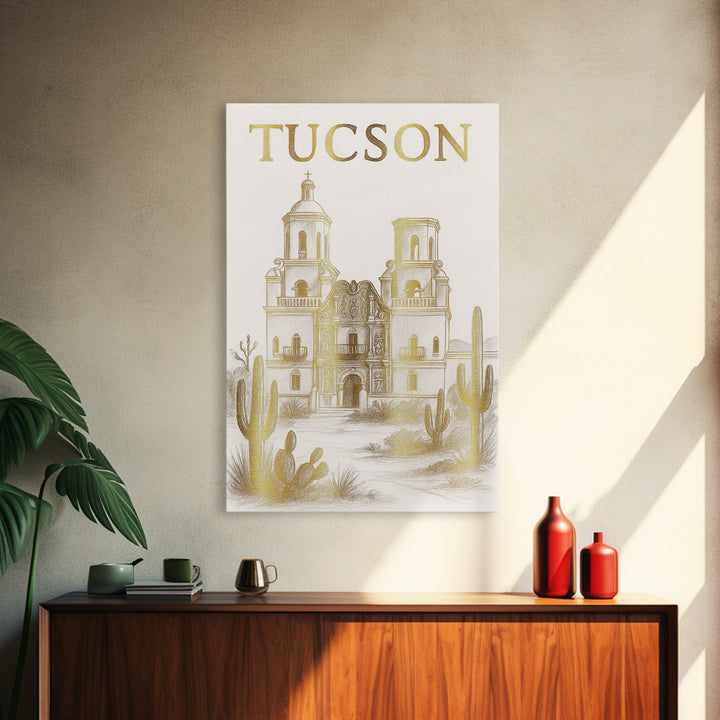 Tucson Arizona Travel Poster, Canvas Print, White And Gold Sketch Art, Tucson Poster Print, Vintage City Art, Travel Art, Retro Travel Print