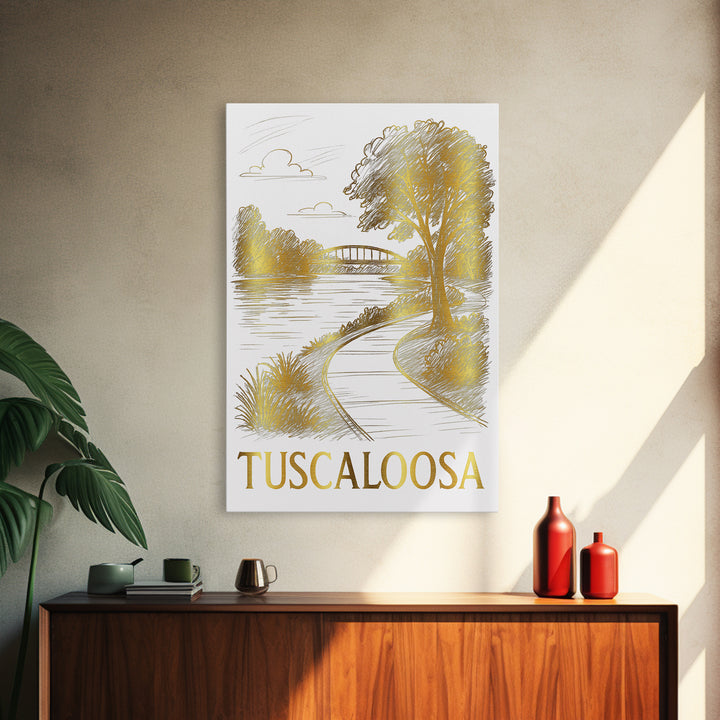 Tuscaloosa Travel Poster, Framed Canvas Print, White And Gold Sketch Art, Tuscaloosa Art Print, Travel Wall Decor, Eclectic Wall Decor