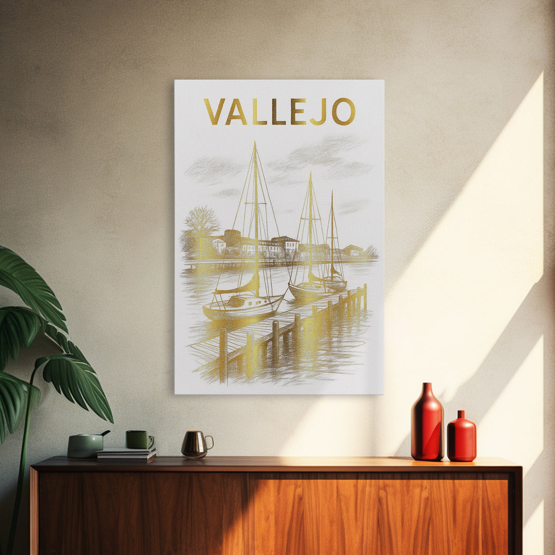 Vallejo California Travel Poster, Framed Canvas Print, White And Gold Sketch Art, Vallejo Poster Print, City Art Print, City Illustration
