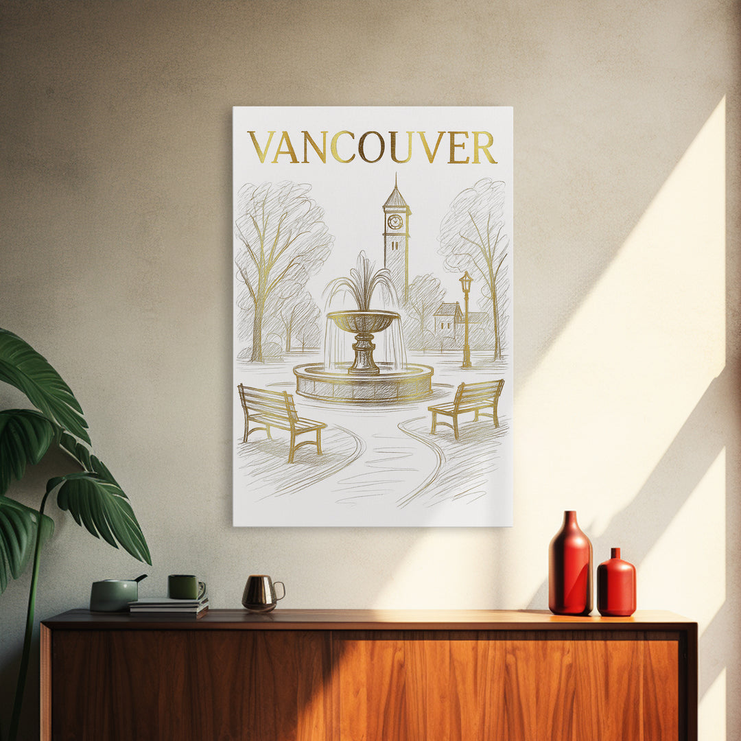 Vancouver Washington Travel Poster, Canvas Print, Gold Line Drawing Wall Art, Vancouver Travel Art, Home Office Decor, Living Room Wall Art