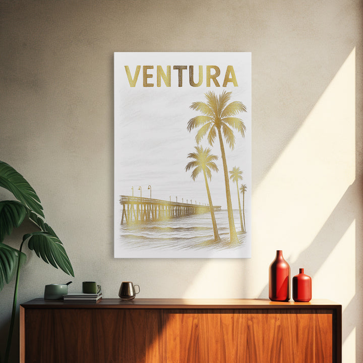 Ventura California Travel Poster, Framed Canvas Print, White And Gold Sketch Art, Ventura City Art, Watercolor Skyline, Travel Poster Art