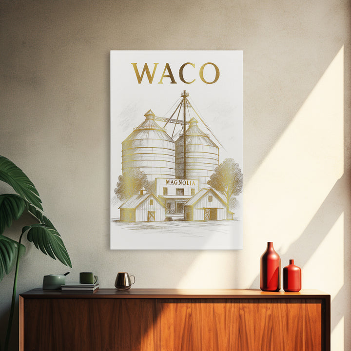 Waco Texas Travel Poster, Framed Canvas Print, White And Gold Sketch Art, Waco Poster Print, Vintage City Poster, City Travel Prints
