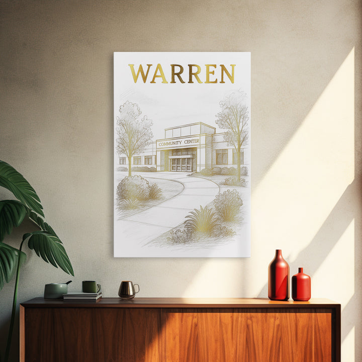 Warren Michigan Travel Poster, Canvas Print, White And Gold Sketch Art, Warren Travel Art, City Art Print, Eclectic Wall Decor, Poster Art