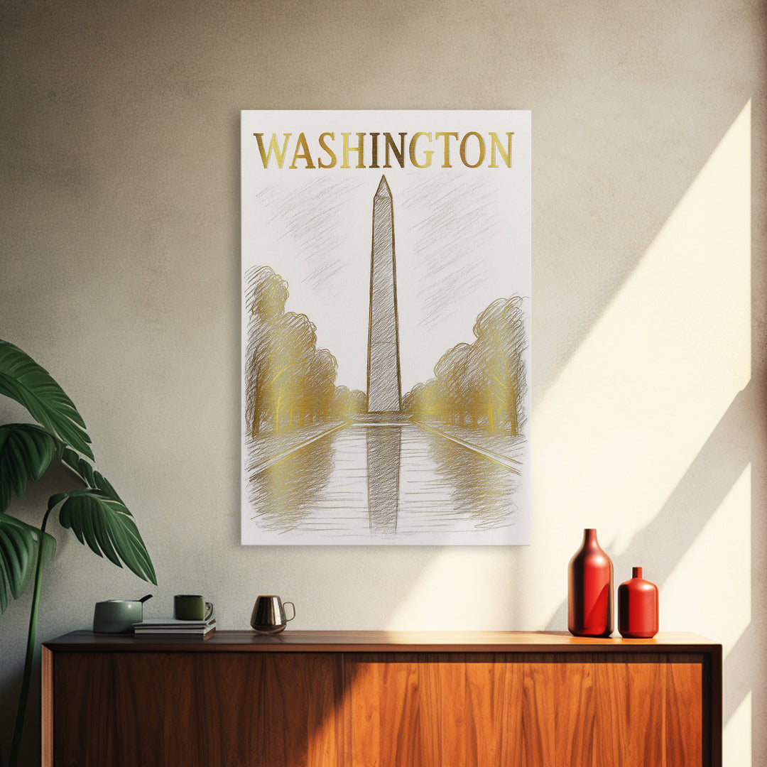 Washington DC Travel Poster, Canvas Print, White And Gold Sketch Art, Washington Poster Print, City Illustration, Modern Wall Decor