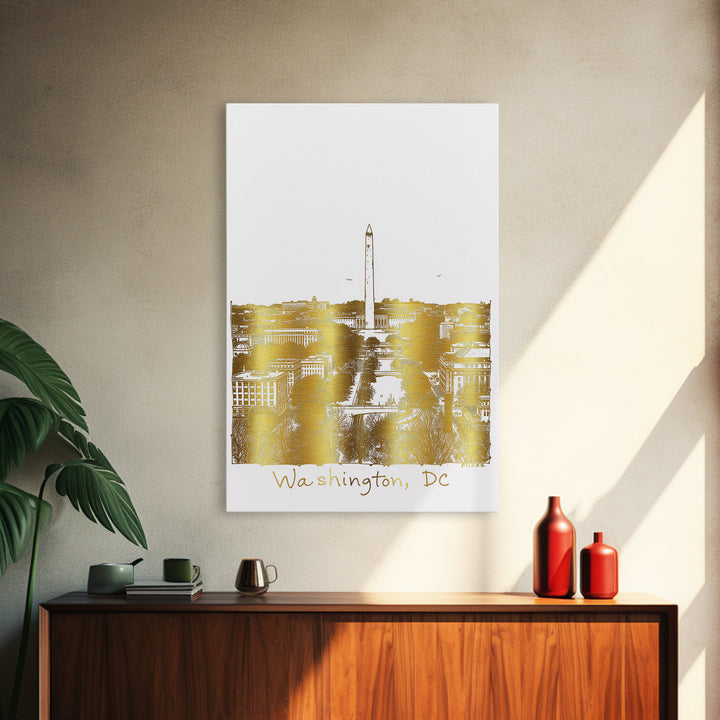 Washington DC Travel Poster, Framed Canvas Print, White And Gold Sketch Art, Washington DC City Art, Modern Wall Decor, Wanderlust Decor