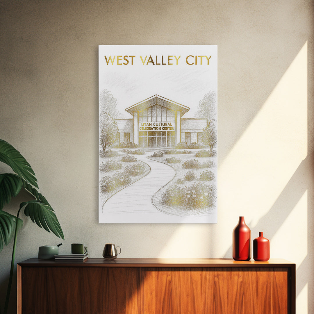 West Valley City Travel Poster, Canvas Print, Gold Line Drawing Wall Art, West Valley City Wall Art, Watercolor Urban Skyline, Travel Print
