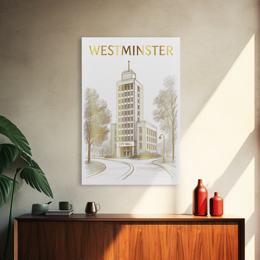 Westminster Colorado Travel Poster, Canvas Print, Gold Line Drawing Wall Art, Westminster Poster Print, Travel Poster Set, City Art Print