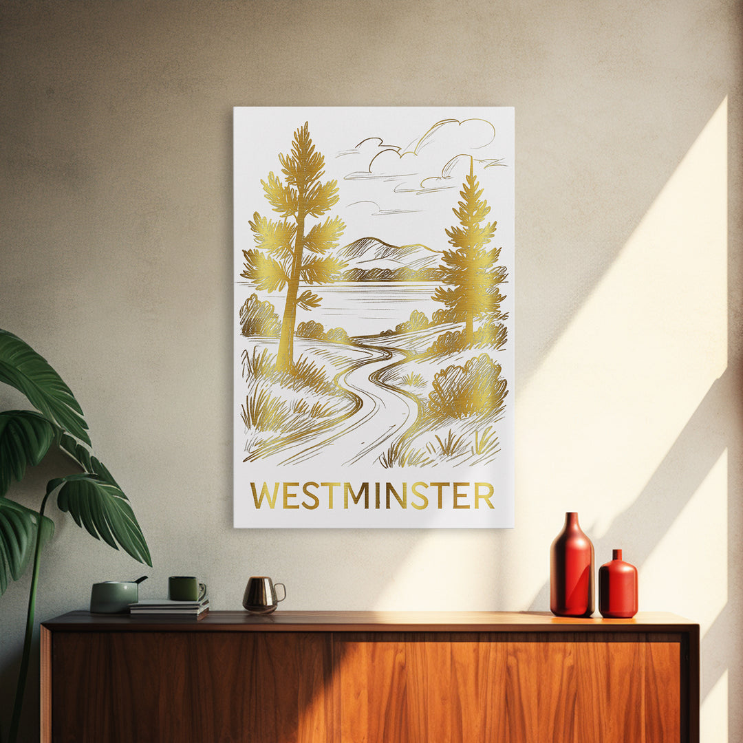 Westminster Travel Poster, Canvas Print, Gold Line Drawing Wall Art, Westminster Art Print, Travel Poster Set, Modern Wall Decor